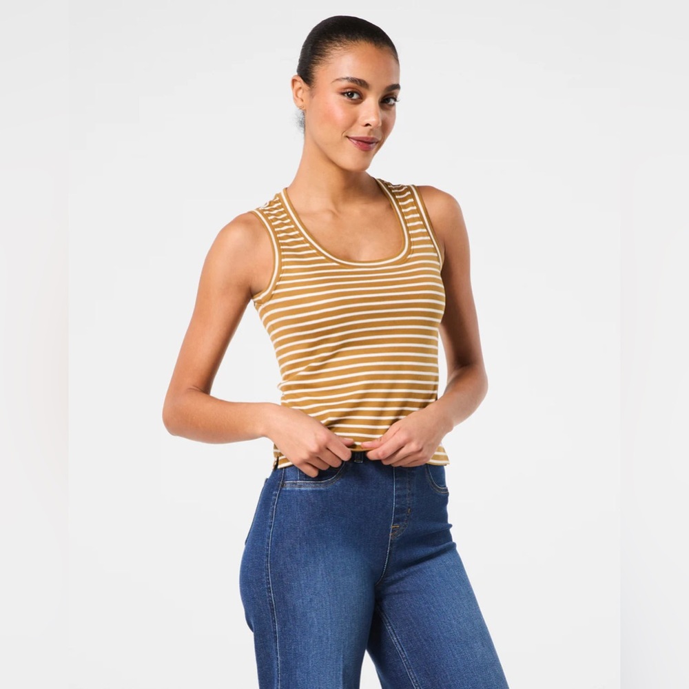 SPANX Flax Stripe Cotton Tank Top Brown White Striped Size S